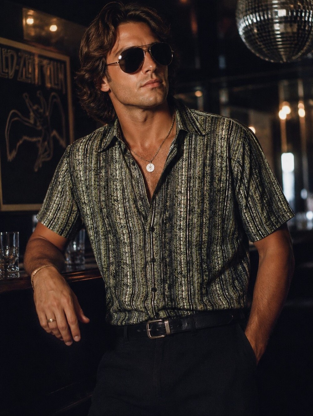 Crazy Horse Men Abstract Stripe Shirt Green Black Retro Y2K 90s Style  Indie XL